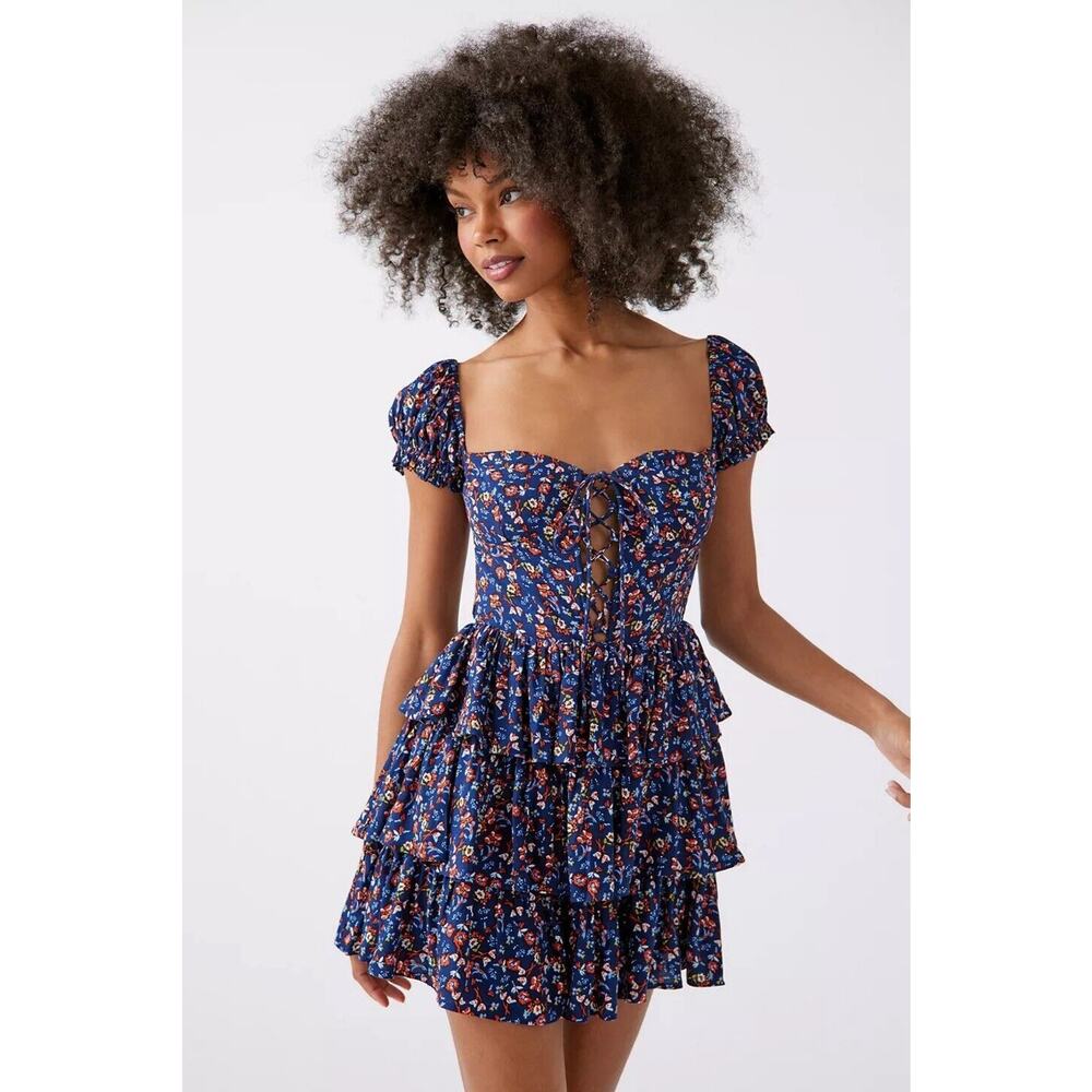 NWT Bardot Sonny Lace-Up Floral Mini Dress Boho Summer Ruffle Fit & Flare Sz M